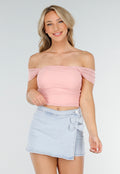 Lichtroze Mesh Off Shoulder Top met Drapé en Stretch