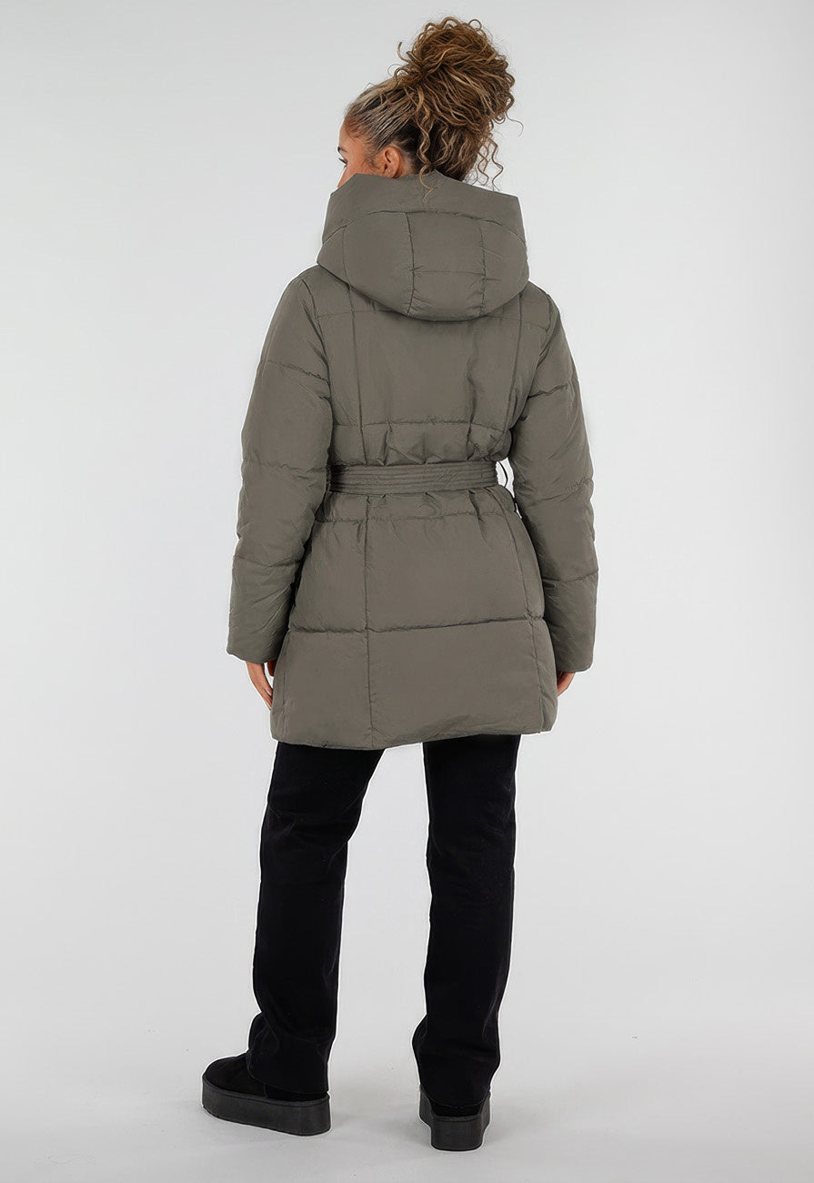 Khaki Gewatteerde Winterjas met Capuchon en Ceintuur
