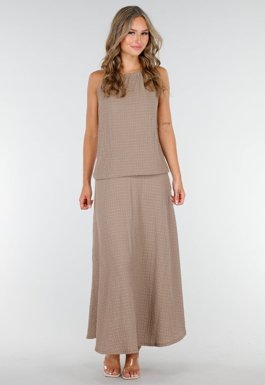 Taupe Set met Hooggesloten Top en Stretch