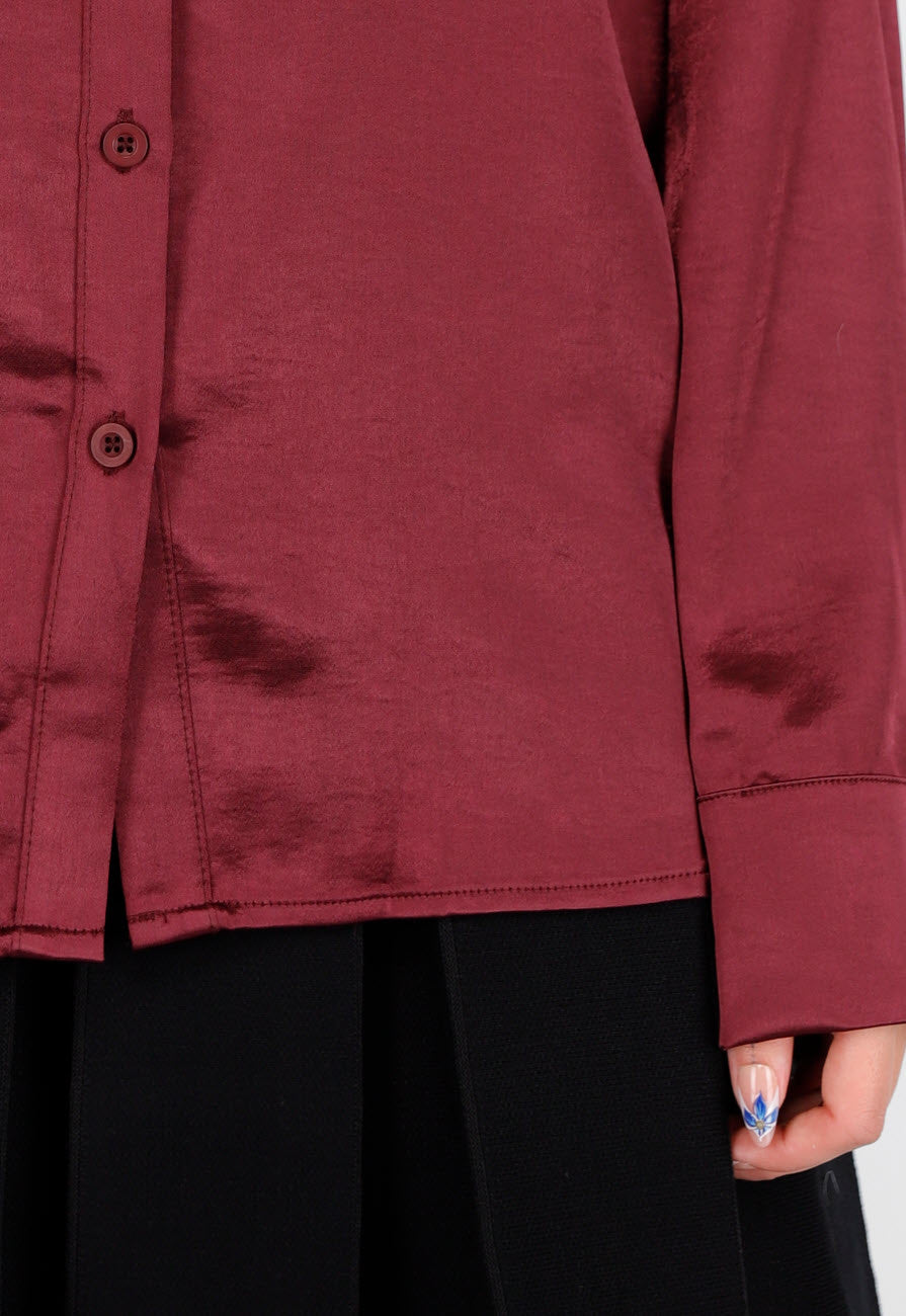 Bordeaux Satijnlook Blouse met Lange Mouwen en Knoopsluiting