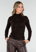 Zwarte Jacquard Top in Lange Mouw met Col en Stretch