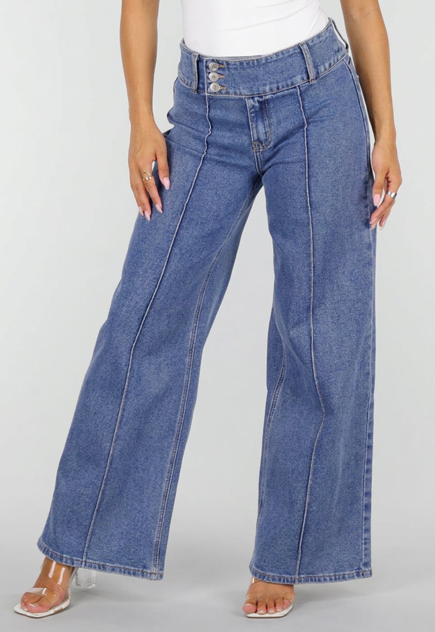 Blauwe Wide Leg Jeans met Siernaden en Drie Knopen