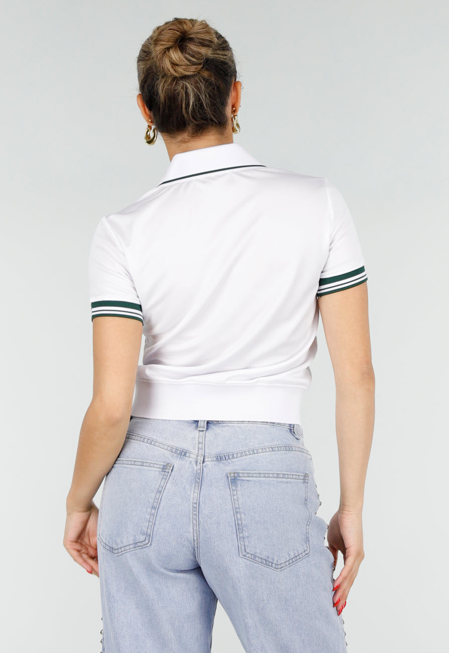 Witte Cropped Polo met Groene Contrasterende Strepen