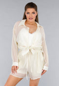 Crème 2-Delig Set met Doorschijnende Blouse en Elastische Short