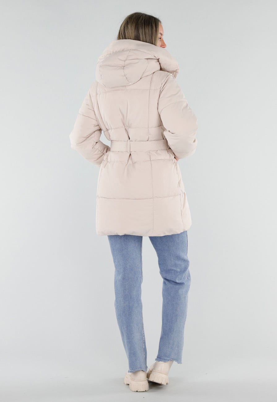 Beige Gewatteerde Winterjas met Capuchon en Ceintuur