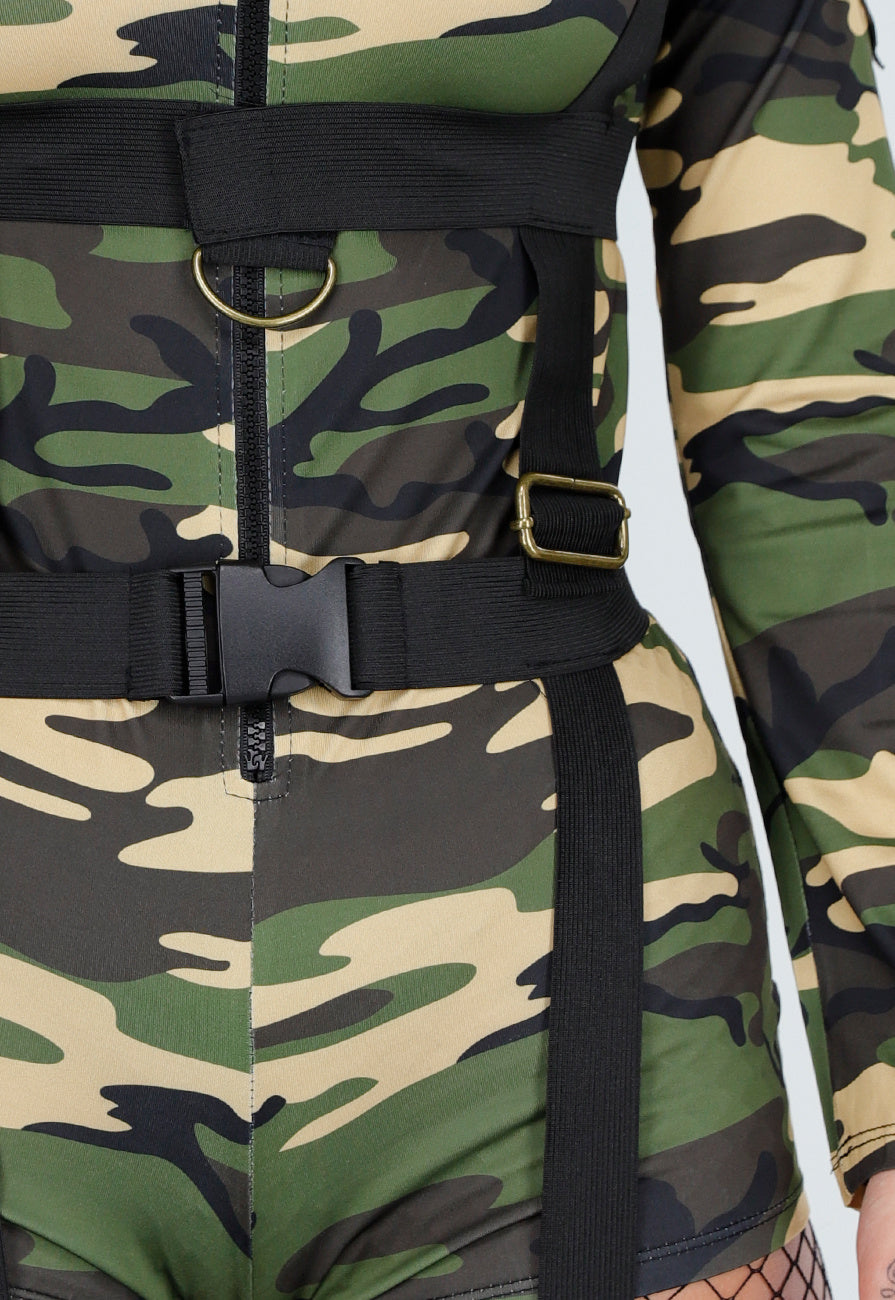 Camouflage Legerkostuum met Riemdetails en Stretch