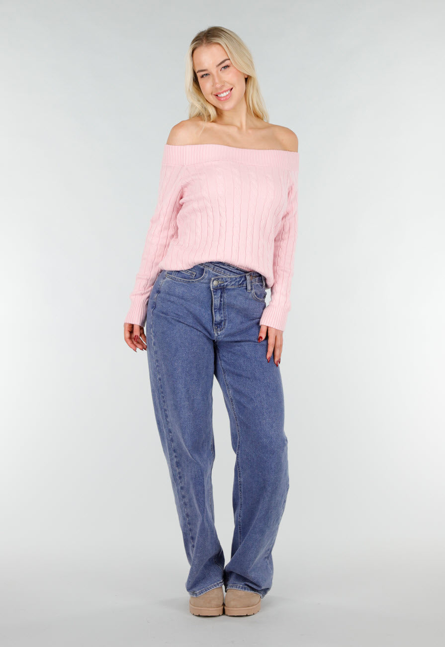 Lichtroze Off Shoulder Trui met Kabelpatroon en Brede Halsrand