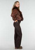 Donkerbruine Lederlook Jas met Imitatiebontkraag en Losvallende Pasvorm