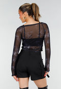 Zwarte Mesh Top met Lange Mouwen en Abstracte Print