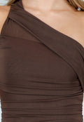 Donkerbruine One Shoulder Body met Drapering in Mesh Stretch