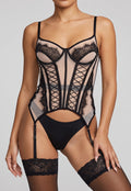 Zwart Mesh Lingerie Korset met Kant, Veterdetails en Jarretels