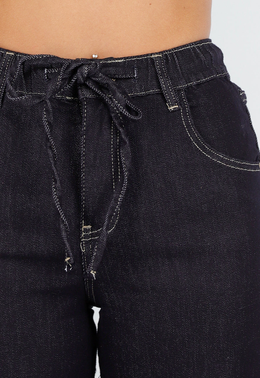 Redial Jeans  Donkerblauwe Wide Leg Jeans met Elastische Taille en Strikkoord