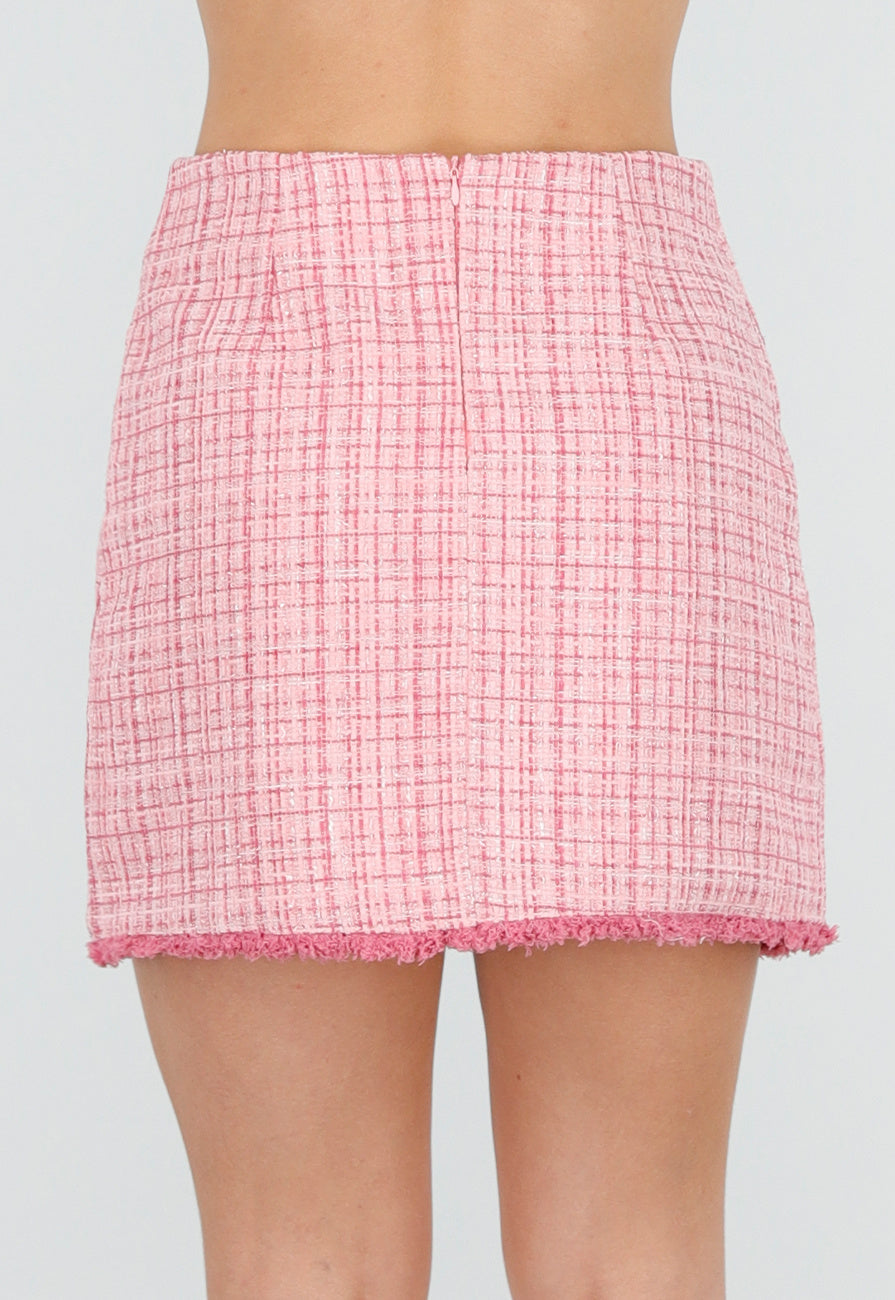 Roze Tweed Mini Rok met Rafelrand en Gouden Knopen