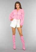 Roze Doorschijnende Blouse met Strikdetail
