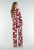 Bordeaux-Witte Stretch Jumpsuit met Print en Strikceintuur