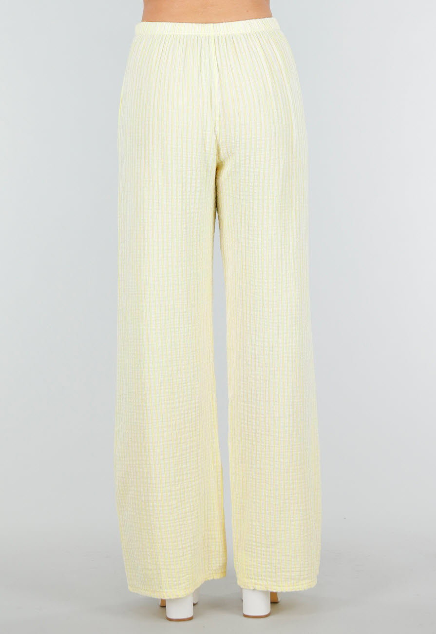 Geel Witte High Waist Broek van Katoen met Sierstrik