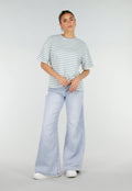 Geel Blauw Gestreept T-shirt met Korte Mouwen en Ronde Hals