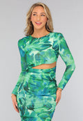 Groene Bloemenprint Jurk met Schoudervulling