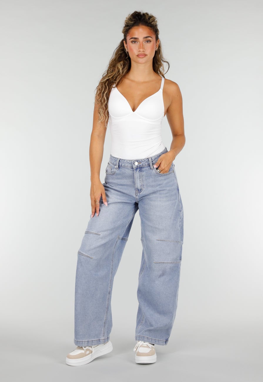 Lichtblauwe Barrel Jeans met Siernaden en Lange Pijpen