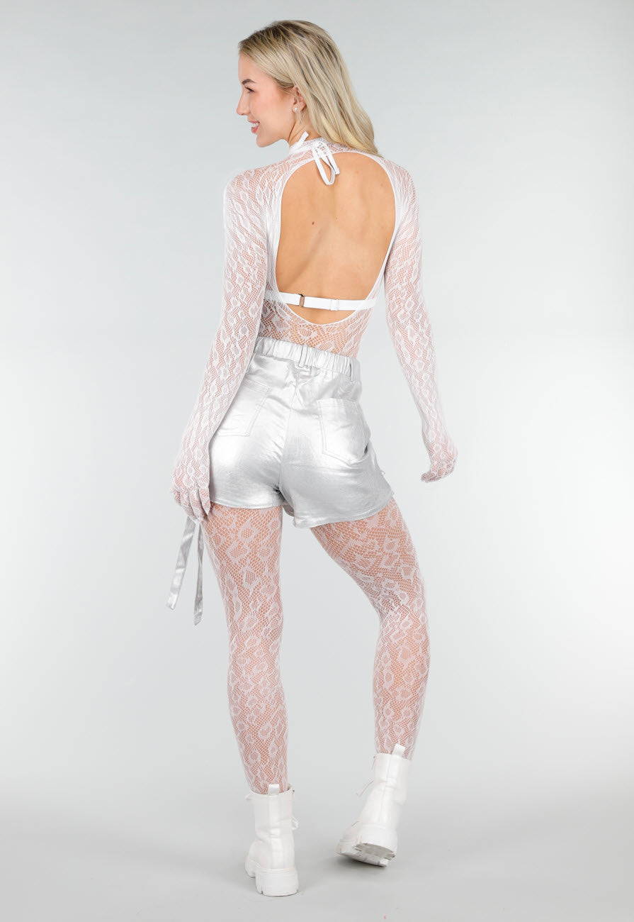 Witte Mesh Bodystocking met Lange Mouwen en Stretch