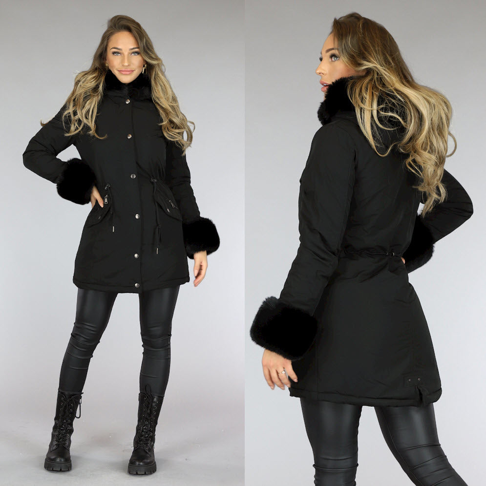 Zwarte Bont Winterjas met Capuchon