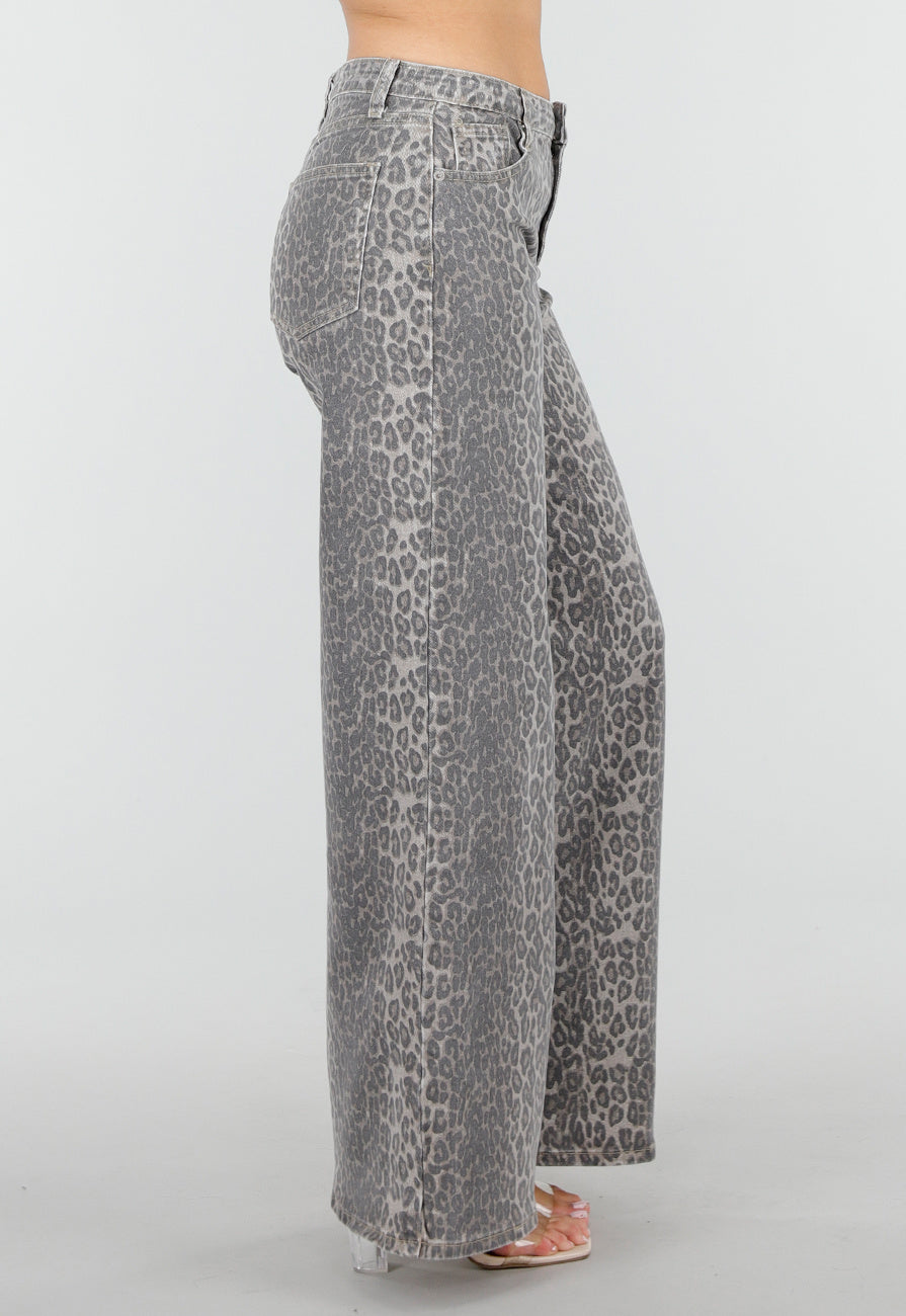 Grijze Denim Leopard Print Wide Leg Jeans met Stretch