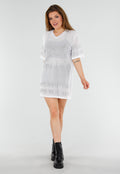 Witte Mesh T-Shirtjurk met Zilveren Glitters en Jerseyprint
