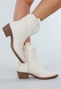 Beige Western Enkellaarsjes met Sierstiksels en Rits