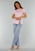 Roze Stretch Top met Split en Ronde Hals
