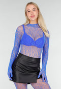 Blauwe Mesh Bodystocking met Lange Mouwen en Open Rug