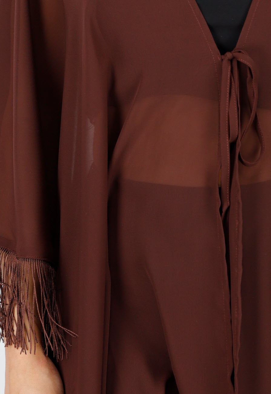 Bruine Kimono met Halflange Mouwen en Franjes
