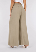 Taupe Wide Leg Broek met Smock Taille en Strikkoord