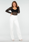 Zwarte Kanten Korsetlook Stretch Top met Lange Mouwen, Sweetheart Halslijn en Volledig Mesh Achterzijde