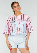 Roze Oversized Jersey Shirt met Blauwe Print en Strepen