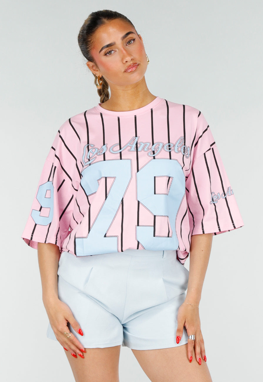 Roze Oversized Jersey Shirt met Blauwe Print en Strepen