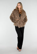 Bruine Fluffy Jas met Lange Haren en Losvallende Pasvorm