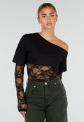 Zwarte One Shoulder Body met Kant en Drukknoopsluiting