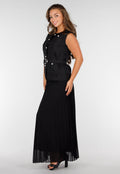 Zwarte 2-Piece Met Mouwloos Gilet en Plissé Maxi Rok