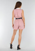 Roze Mouwloze Playsuit met Colorblock Revers en Riem