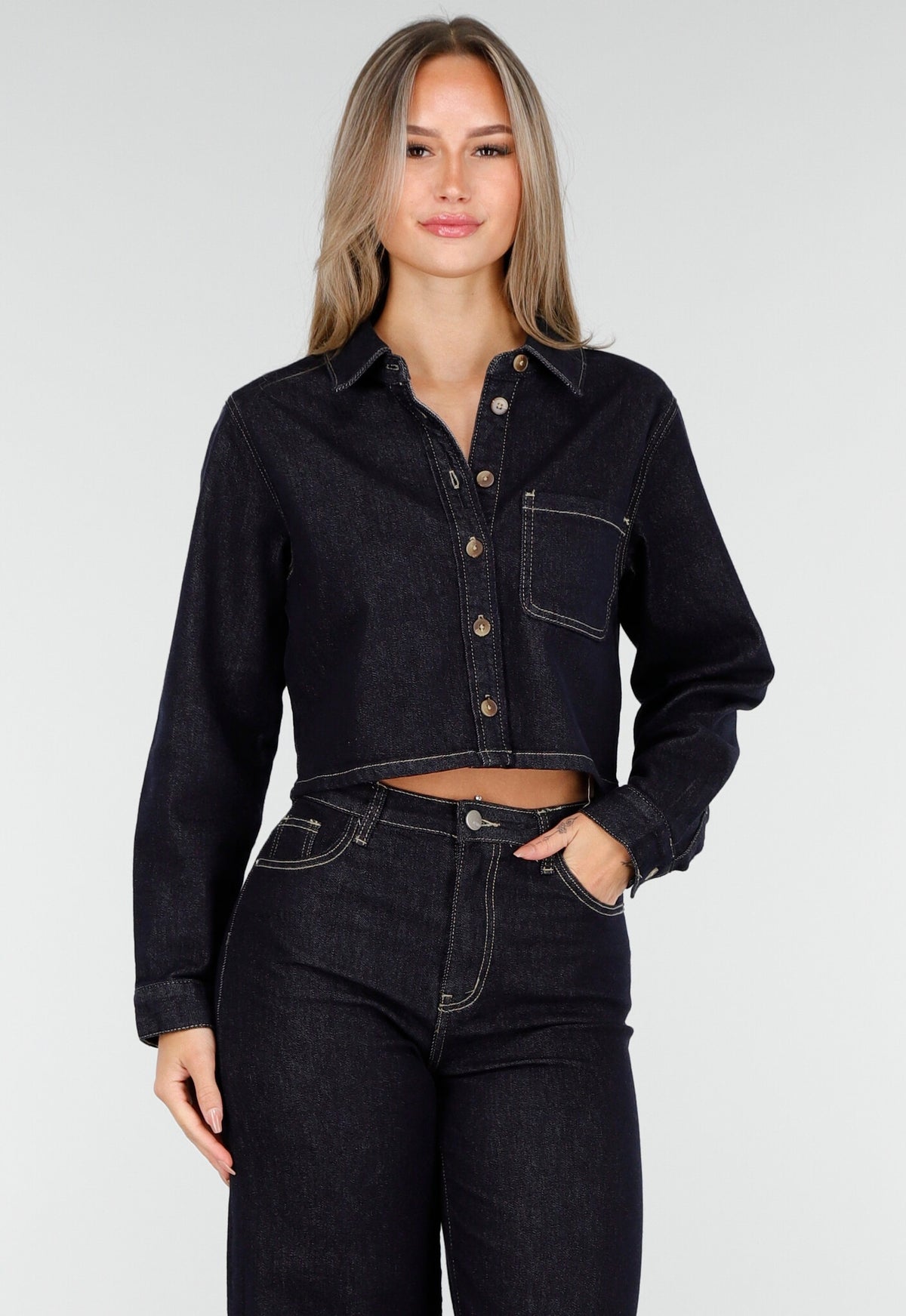 Redial Jeans  Cropped Denim Blouse in Donkerblauw Met Lange Mouwen