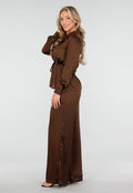 Bruine Satijnlook Set met Blouse en Wide Leg Broek