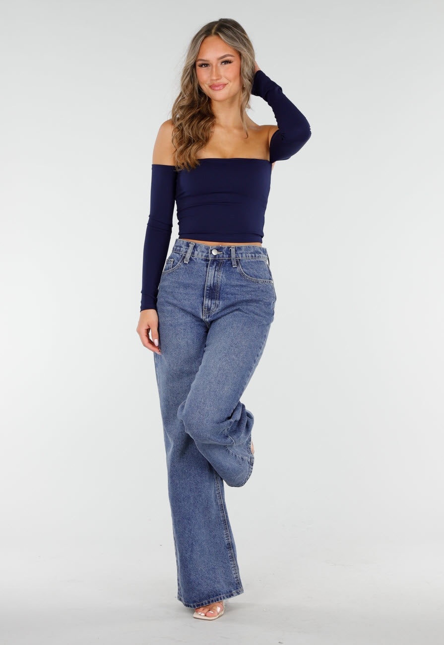 Donkerblauwe High Waist Wide Leg Jeans met Losse Pijpen