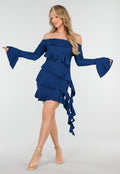 Petrolkleurige Off Shoulder Jurk met Volants en Lange Mouwen