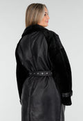 Zwarte Lange Trenchcoat van Imitatieleer met Ceintuur