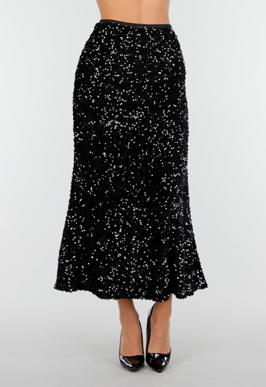 Zwarte Midi Rok met All Over Pailletten en Subtiele Uitlopende Zoom