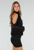 Zwarte Mini Jurk met Open Schouders En Chiffon Mouwen