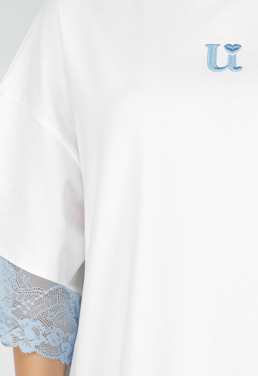 Wit Oversized T-Shirt met Blauw Kant