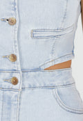 Redial Jeans  Lichtblauwe Stretch Playsuit Mouwloos met Cut-out en gilet look