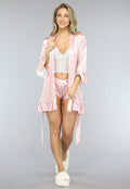 Roze Gestreepte Satijnen Pyjama Short Set met Kimono
