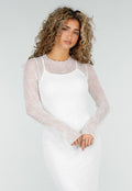 Witte Kanten Midi Jurk met Lange Mouwen en Stretch